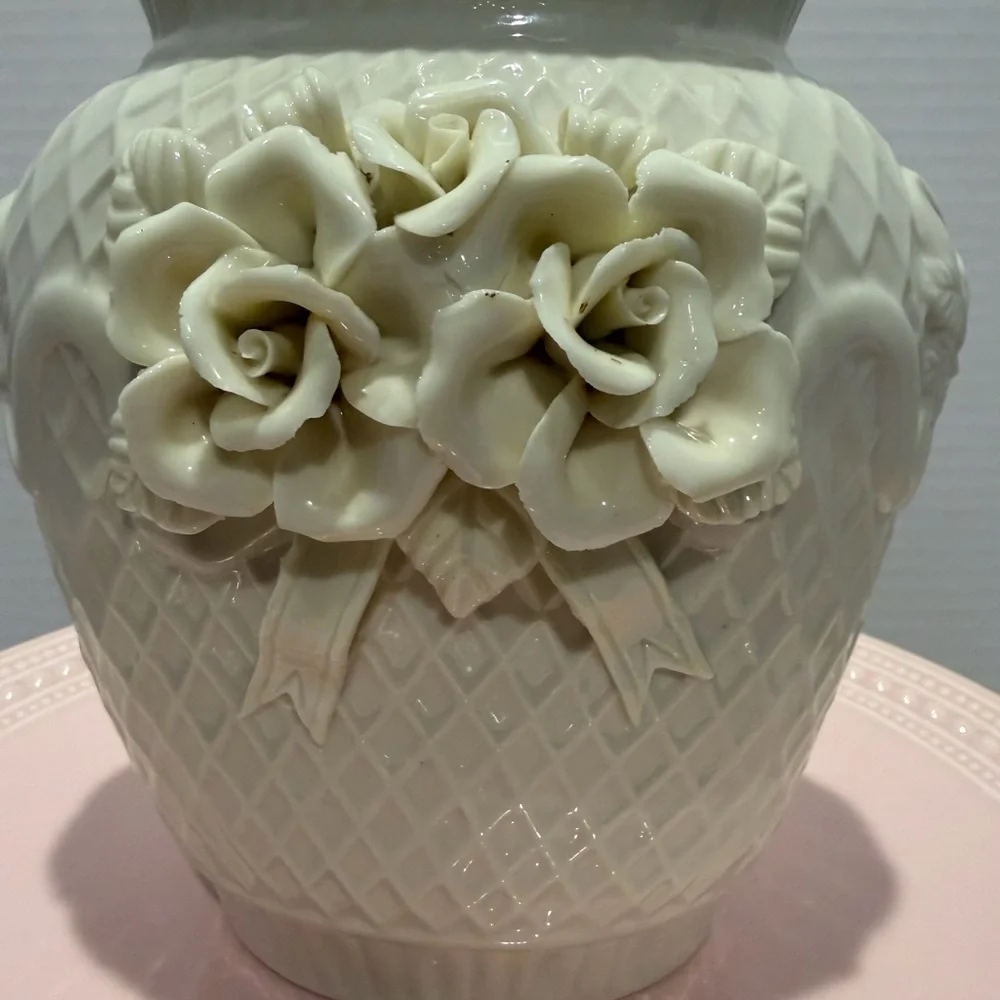 Vintage Ivory Ceramic Vase Embossed Floral Rose Basketweave Pattern